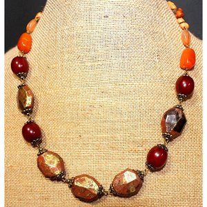 YOU and I Natural Stone Agate Necklace Glass Bead Vintage Fashion Gold Chain 11"